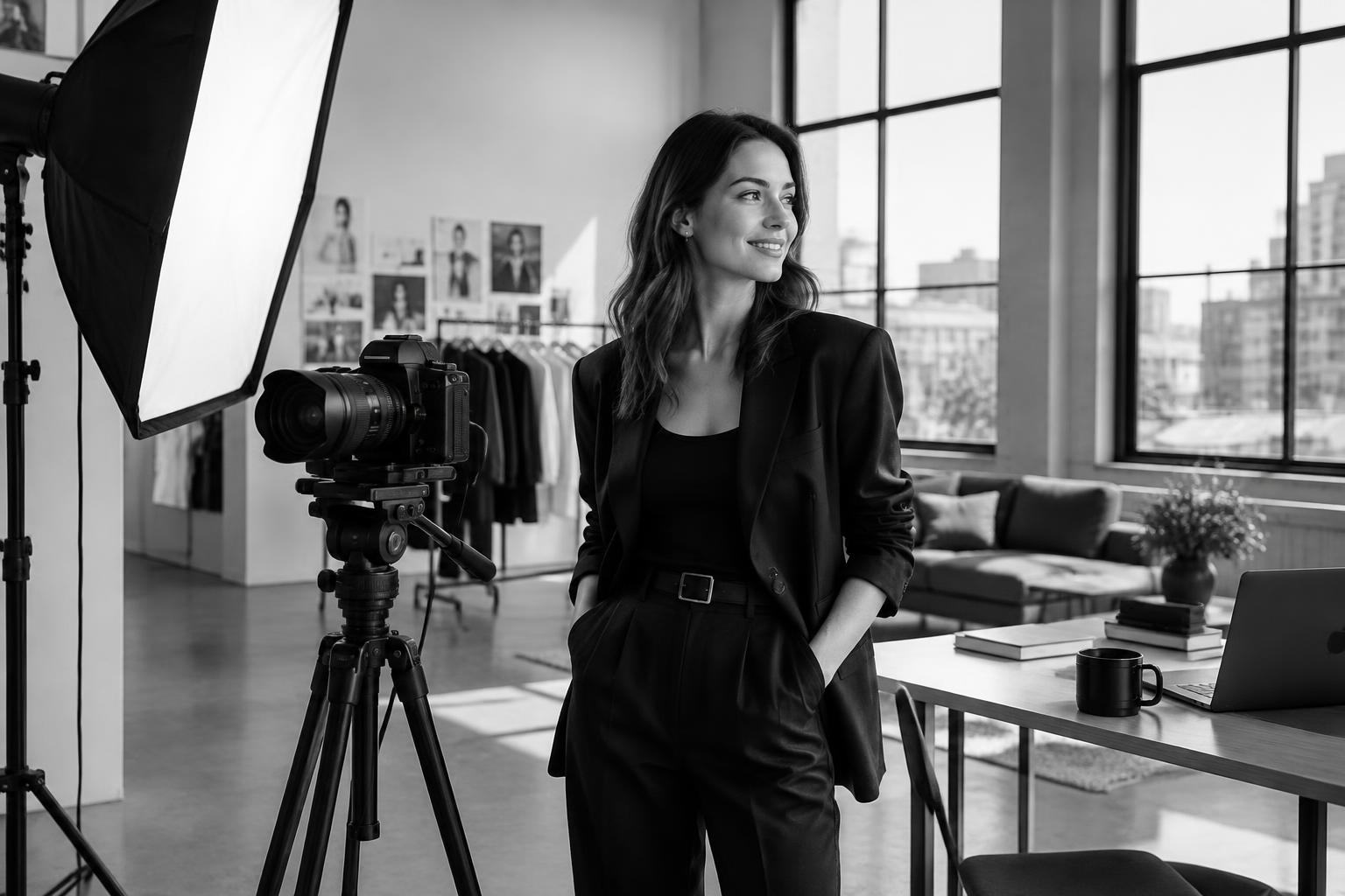 A creator beside a camera in a daylight studio